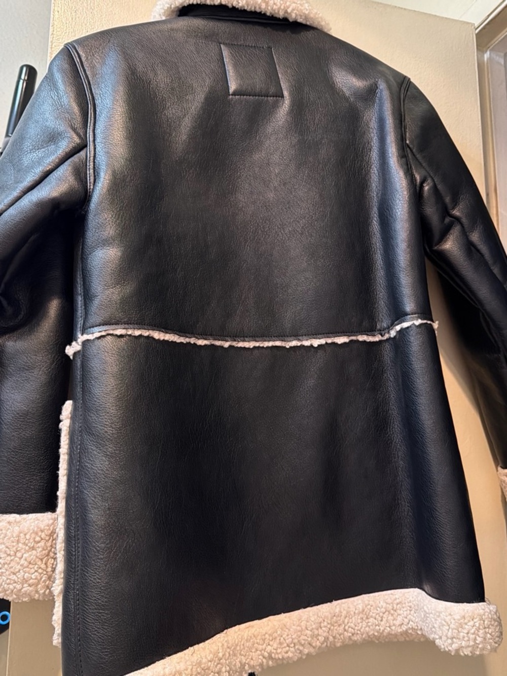 Abercrombie & Fitch Black Faux Leather Jacket with Cream Shearling Trim - Picture 2 of 5